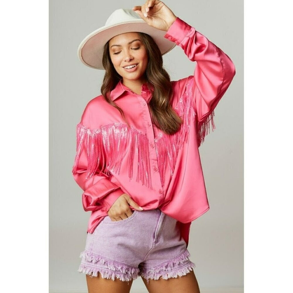 Flirty And Fringe Satin Shirt in Hot Pink